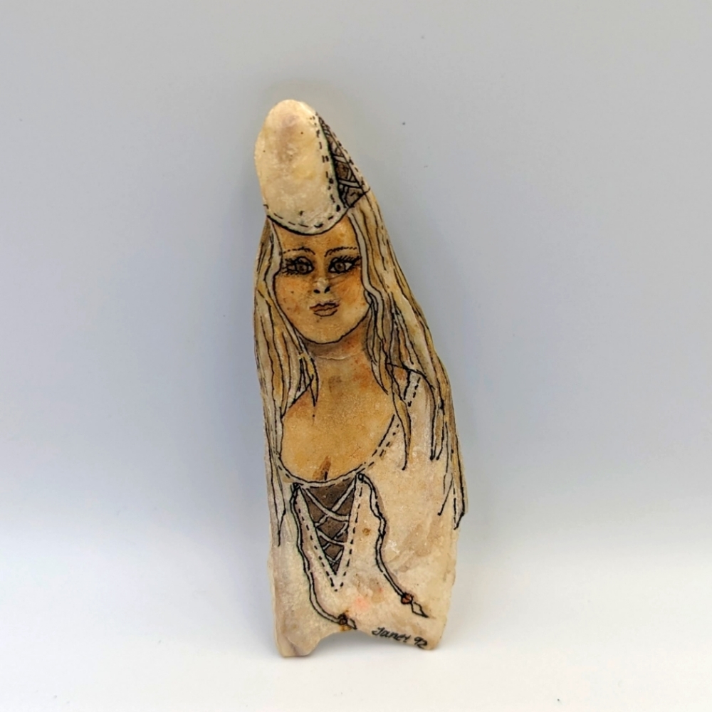 Hand painted Lady Figure Artist made On Oyster shell Brooch Vintage